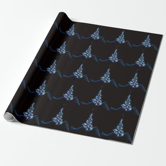 Julparty Blå Träd Glänsande Svart Elegant Presentpapper (Utrullad)