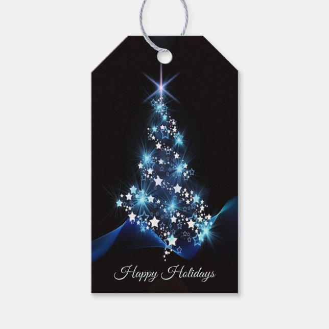 Julparty Blått Träd Blank Svart Elegant Presentetikett (Framsidan)