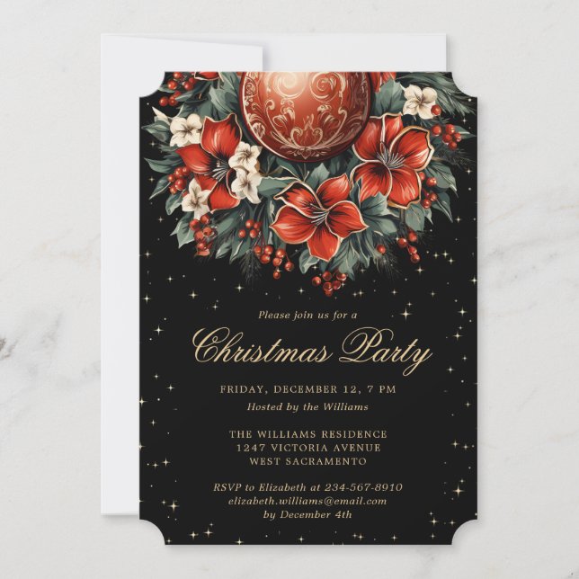 Julparty Elegant Svart Guld Botanisk Inbjudningar (Framsida)