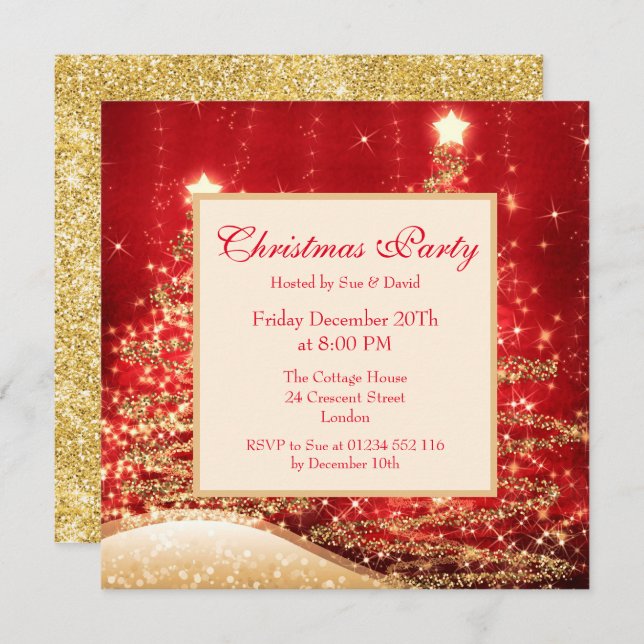 Julparty Gnistrande Träd Röda m/ Glitter Inbjudningar (Fram/baksida)