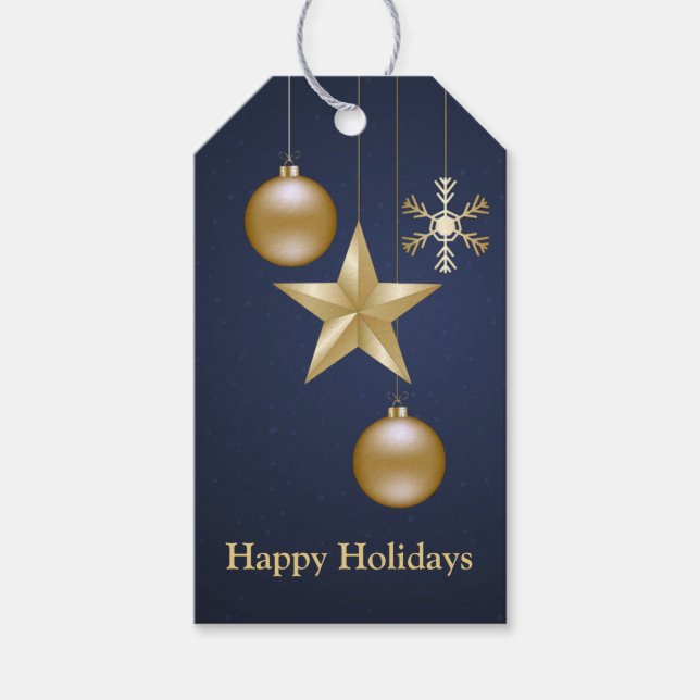 Julparty Guld Ornament Marinblå Elegant Presentetikett (Framsidan)