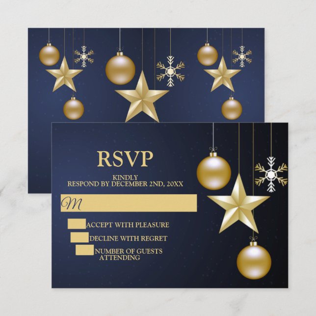 Julparty Guld Ornamentar Marinblå Elegant OSA Kort (Fram/baksida)