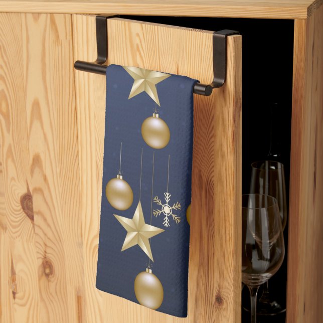 Julparty Guldorneringar Marinblå Elegant Kökshandduk (Thirds Fold)