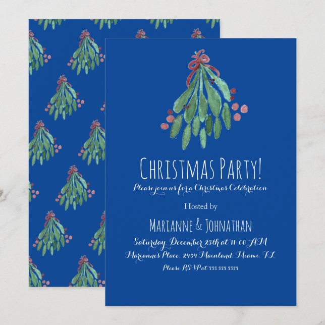 Julparty Hand vattenfärg Träd och Bow Blå Inbjudningar (Fram/baksida)