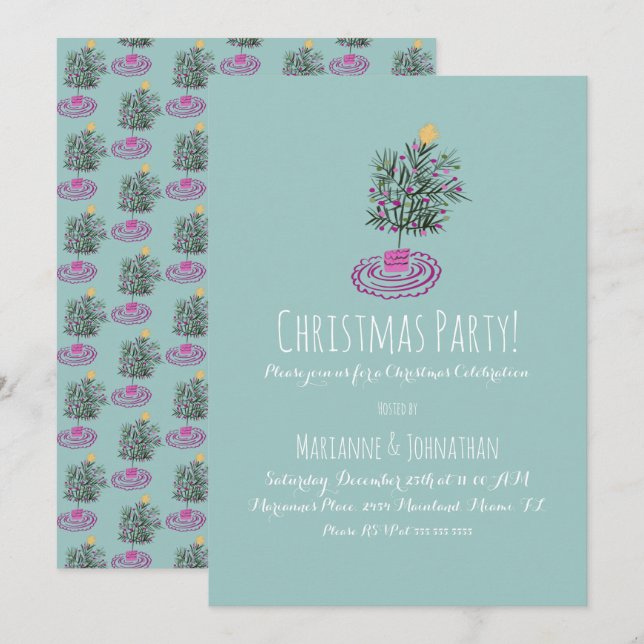 Julparty Handritad Julgran Doodle Inbjudningar (Fram/baksida)