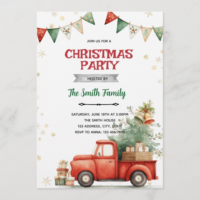Julparty-inbjudan för röd lastbil inbjudningar (Framsida)