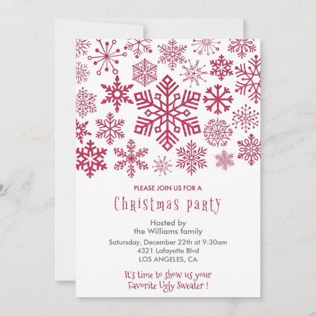 Julparty Inbjudan Snöflingor Röd (Framsida)