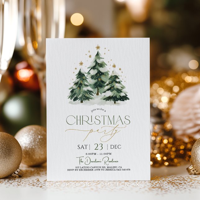 Julparty Julgran Grön Guld  Inbjudningar (Christmas party invitation featuring cute green and gold Christmas tree and stars. )