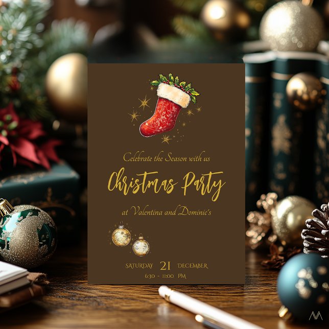 Julparty med festlig strumpa på brunt inbjudningar (Skapare uppladdad)