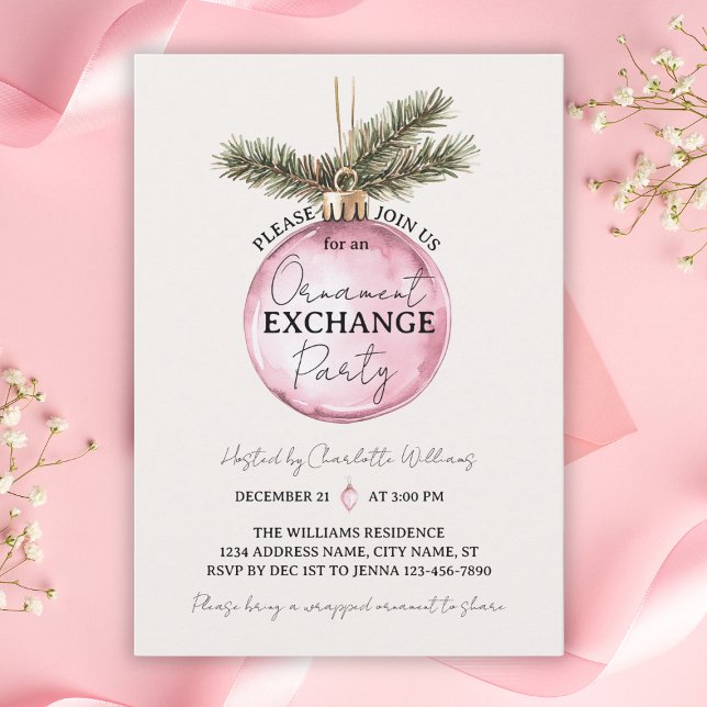 Julparty med rosa prydnadsbyte inbjudningar (Pink Ornament Exchange Christmas Party Invitation
)