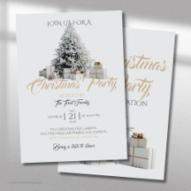 Julparty med träd och presentinbjudan