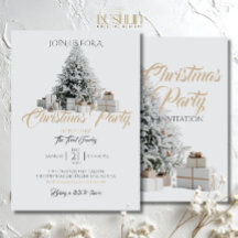 Julparty med träd och presentinbjudan