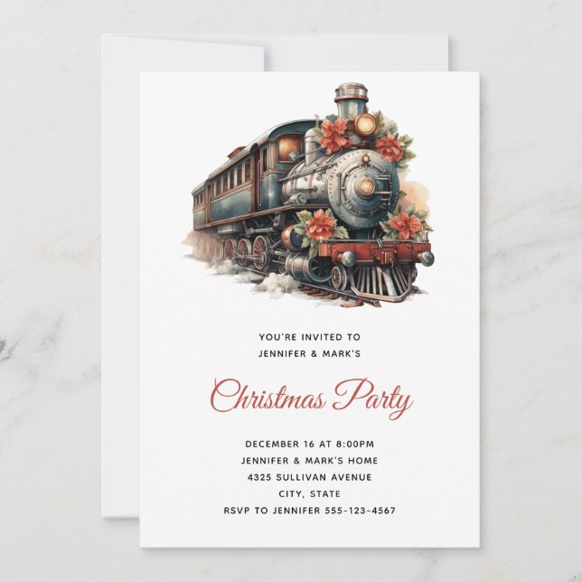Julparty med vintage ångtåg inbjudningar (Framsida)