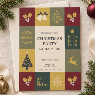 Julparty Modern Retro Röd Grön Guld Inbjudan