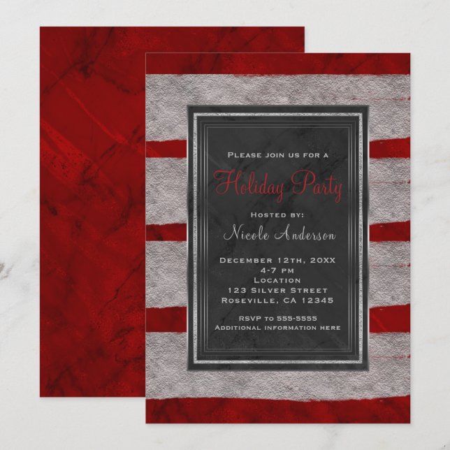 Julparty Modern röd marmor & silver jul Inbjudningar (Fram/baksida)