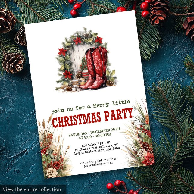 Julparty på lantgård röda gröna inbjudan (Farmhouse Christmas party red green invitation

)