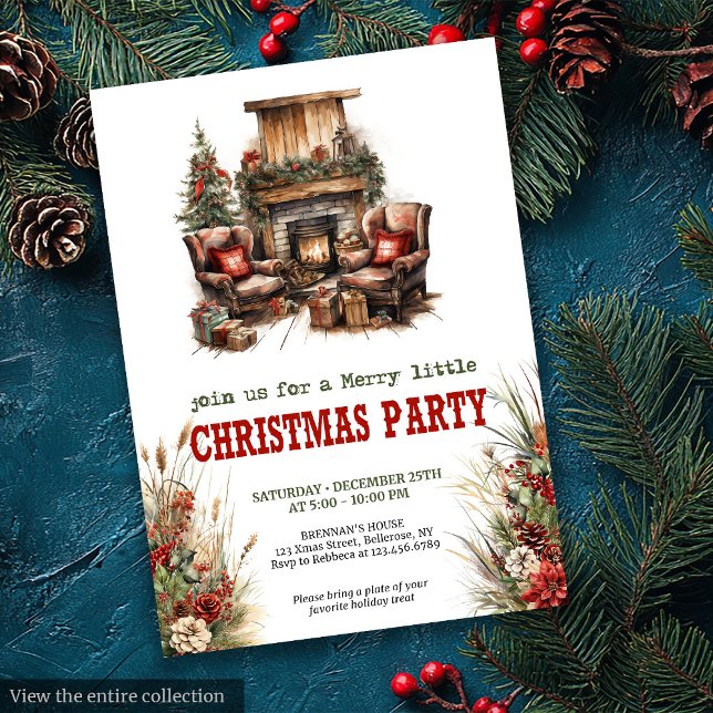Julparty på lantgård röda gröna inbjudan (Farmhouse Christmas party red green invitation

)