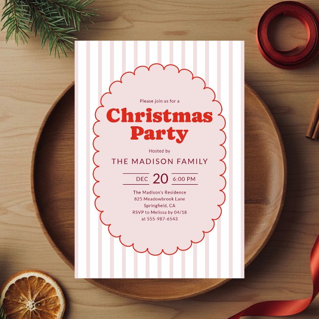 Julparty Retro Röd Randig Inbjudningar (Skapare uppladdad)