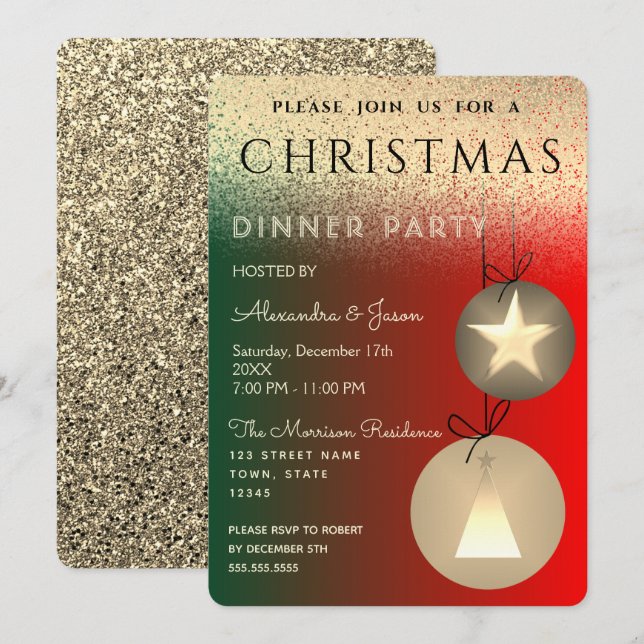 Julparty Röd Grön och Guld Glitter Inbjudningar (Fram/baksida)