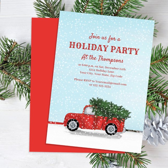 Julparty Röd Lastbil Klassisk Anpassad Inbjudningar (Holiday party invitation with classic red truck design.)