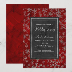 Julparty Röd Marmor Silver Snöflingor Elegant Inbjudningar