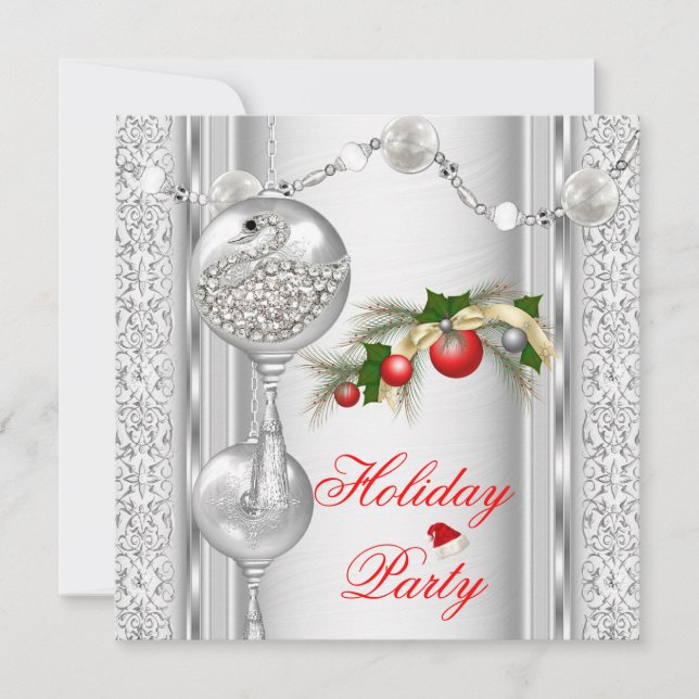 Julparty Röd Silver Vit Jul 4 Inbjudningar (Framsida)