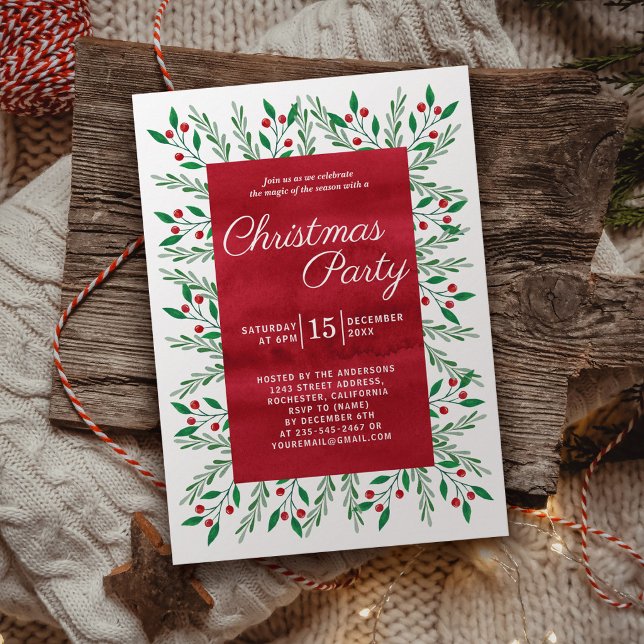 Julparty Röda akvarell botaniska Inbjudningar (Skapare uppladdad)