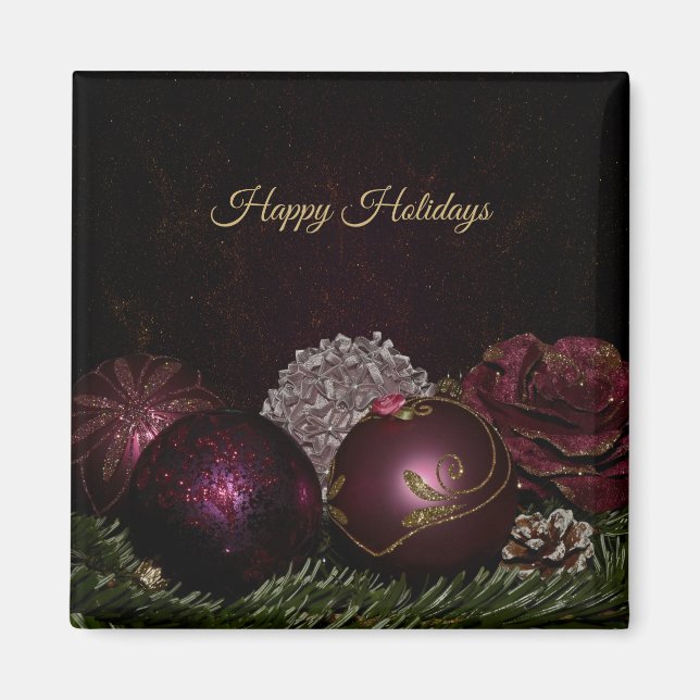Julparty Rosa Dekorationer Gröna blad Svart Magnet (Framsidan)