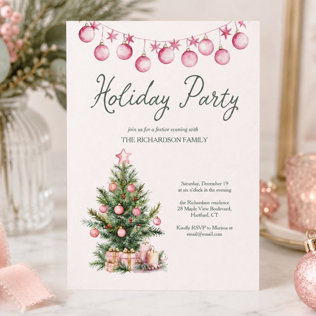 Julparty Rosa Julgran Inbjudningar (cute whimsical pink christmas tree baubles custom holiday party invitation)