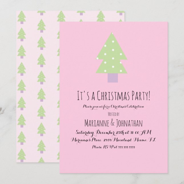 Julparty Rosa Pastell Träd Inbjudningar (Fram/baksida)