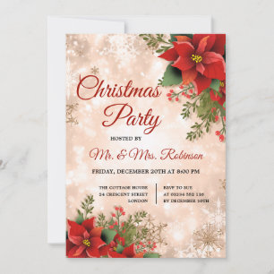 Julparty Rose Guld Glitter Röd Poinsettia Inbjudningar