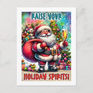 Julparty Santa – Champagne, Träd & Teddybjörn Vykort