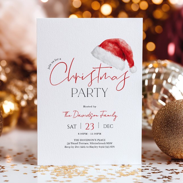 Julparty Santa Hatt Inbjudningar (Christmas Party with cute Santa Hat and red and black fonts)