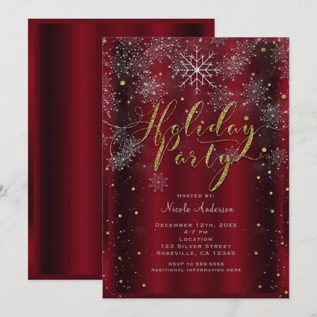 Julparty Snöflinga Elegant Röd Guld Modern Inbjudningar (Fram/baksida)