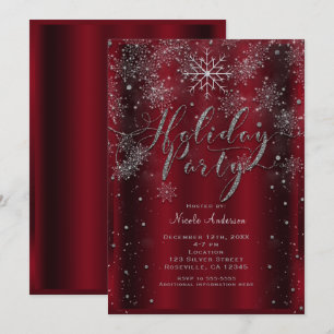 Julparty Snöflinga Elegant Röd Silver Modern Inbjudningar