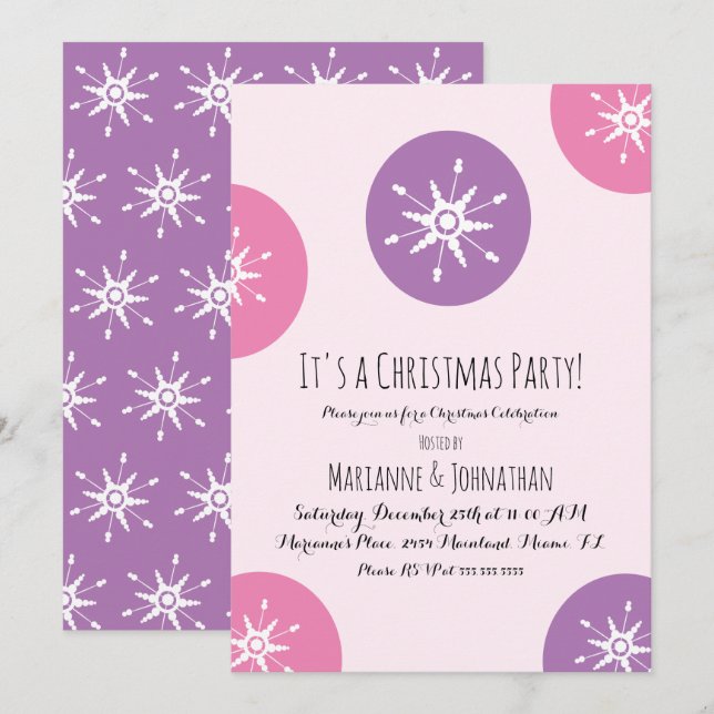 Julparty Snöflingor Rosa Lila Prickar Inbjudningar (Fram/baksida)