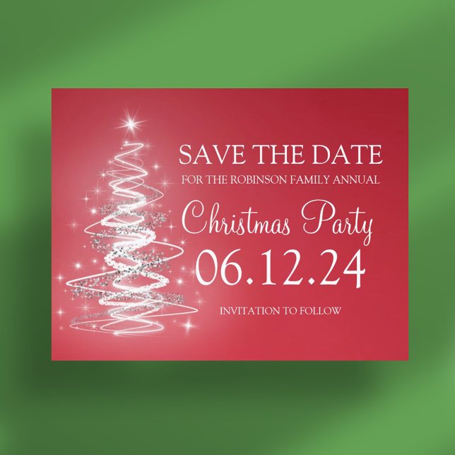 Julparty Spara Datum Gnistrande Träd Rött Meddelande Vykort (Christmas Party Save The Date Sparkling Tree Red Announcement Postcard)