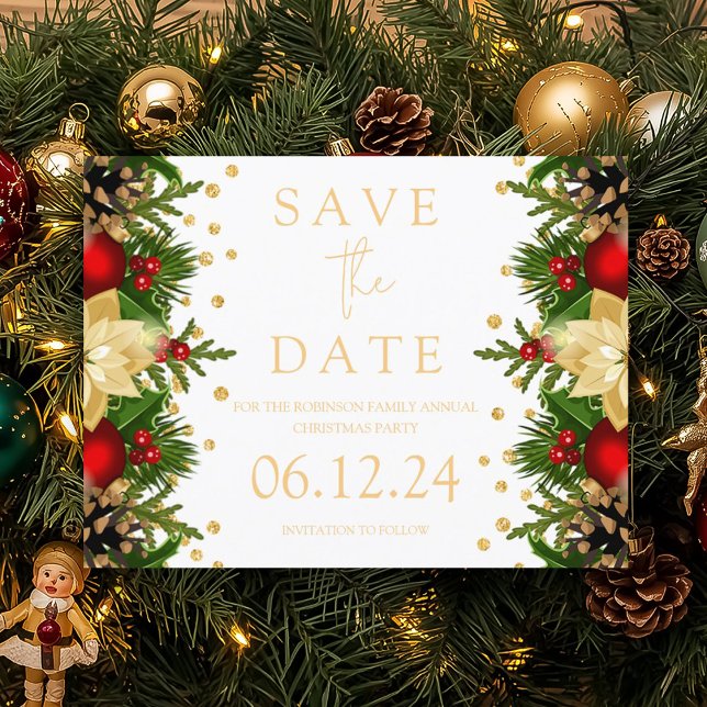 Julparty Spara Datum Guld Blommig Meddelande Vykort (Christmas Party Save The Date Gold Floral Announcement Postcard)
