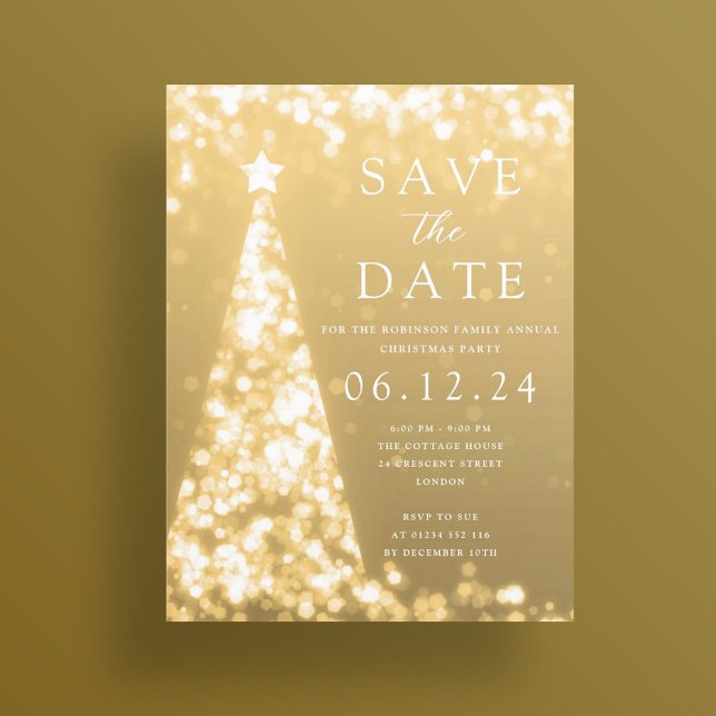 Julparty Spara Datum Guld Träd Glam  Meddelande Vykort (Christmas Party Save The Date Gold Tree Glam Announcement Postcard)
