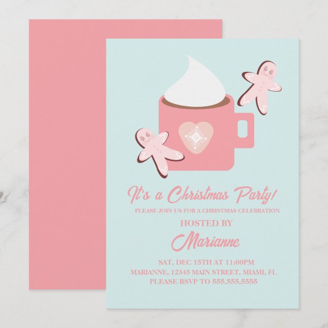 Julparty Varm Kakao Mugg Pepparkakor Rosa Inbjudningar (Fram/baksida)