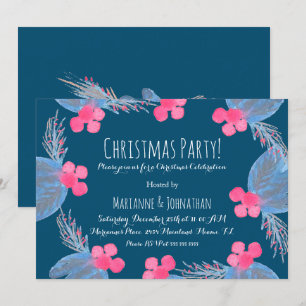 Julparty Vattenfärg Poinsettia Bär Blå Inbjudningar