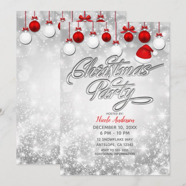 Julparty Vinter Röd Vit Prydnadssaker Inbjudningar (Fram/baksida)