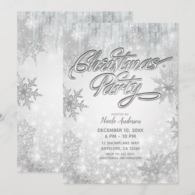 Julparty Vinterstjärna Vita Snöflingor Inbjudningar (Fram/baksida)