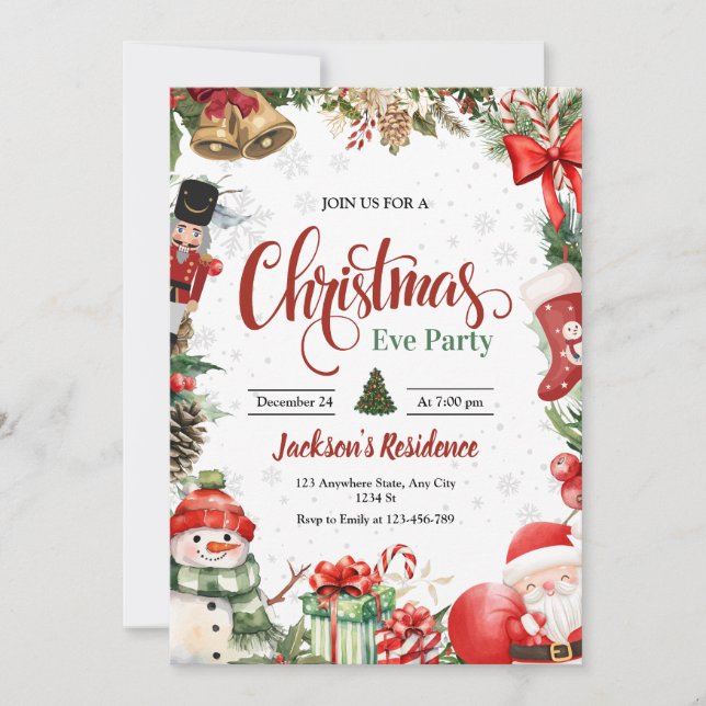 Julpartyinbjudan, julaftonsmiddagsinbjudan julkort (Framsida)