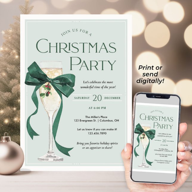 Julpartyinvitation med grön slinga inbjudningar (Set the tone for a stylish holiday gathering with this elegant Christmas Party invitation. A classic)