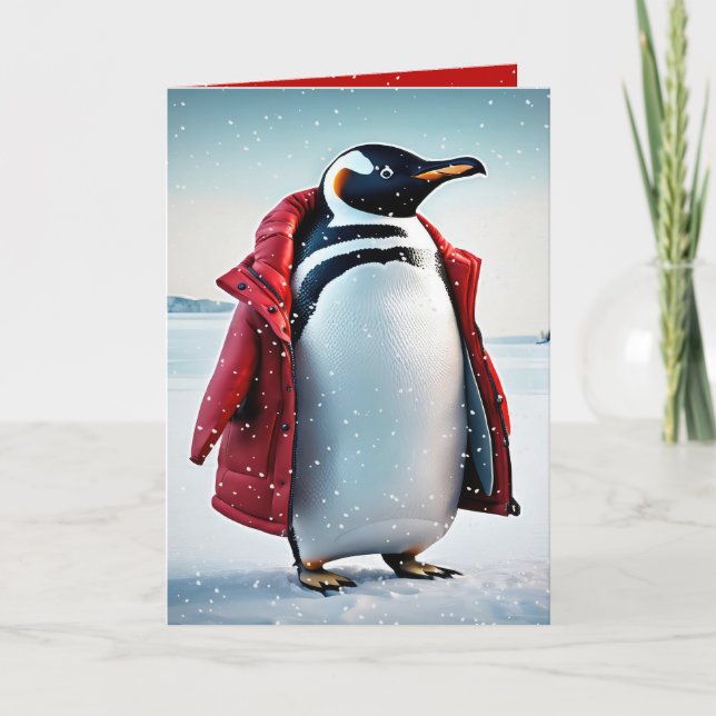 Julpenguin med röd Jacka Kort (Framsida)