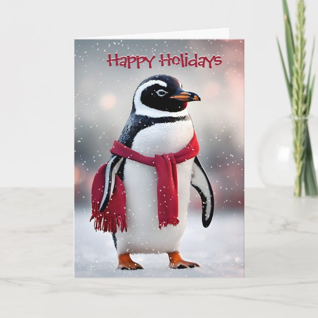 Julpenguin med rödscarf helgkort (Framsida)