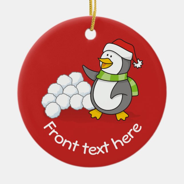 Julpenguin med snö bollar som viftar julgransprydnad keramik (Framsidan)