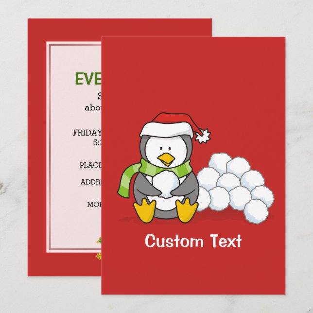 Julpenguin sitta med snö bollar inbjudningar (Fram/baksida)