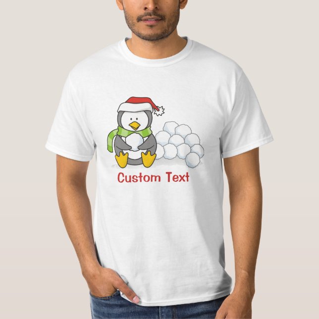 Julpenguin sitta med snö bollar tee shirt (Framsida)